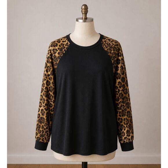 Unbranded Tops - Womens XL Black Top Leopard Sheer Sleeves Raglan Long Sleeve Blouse